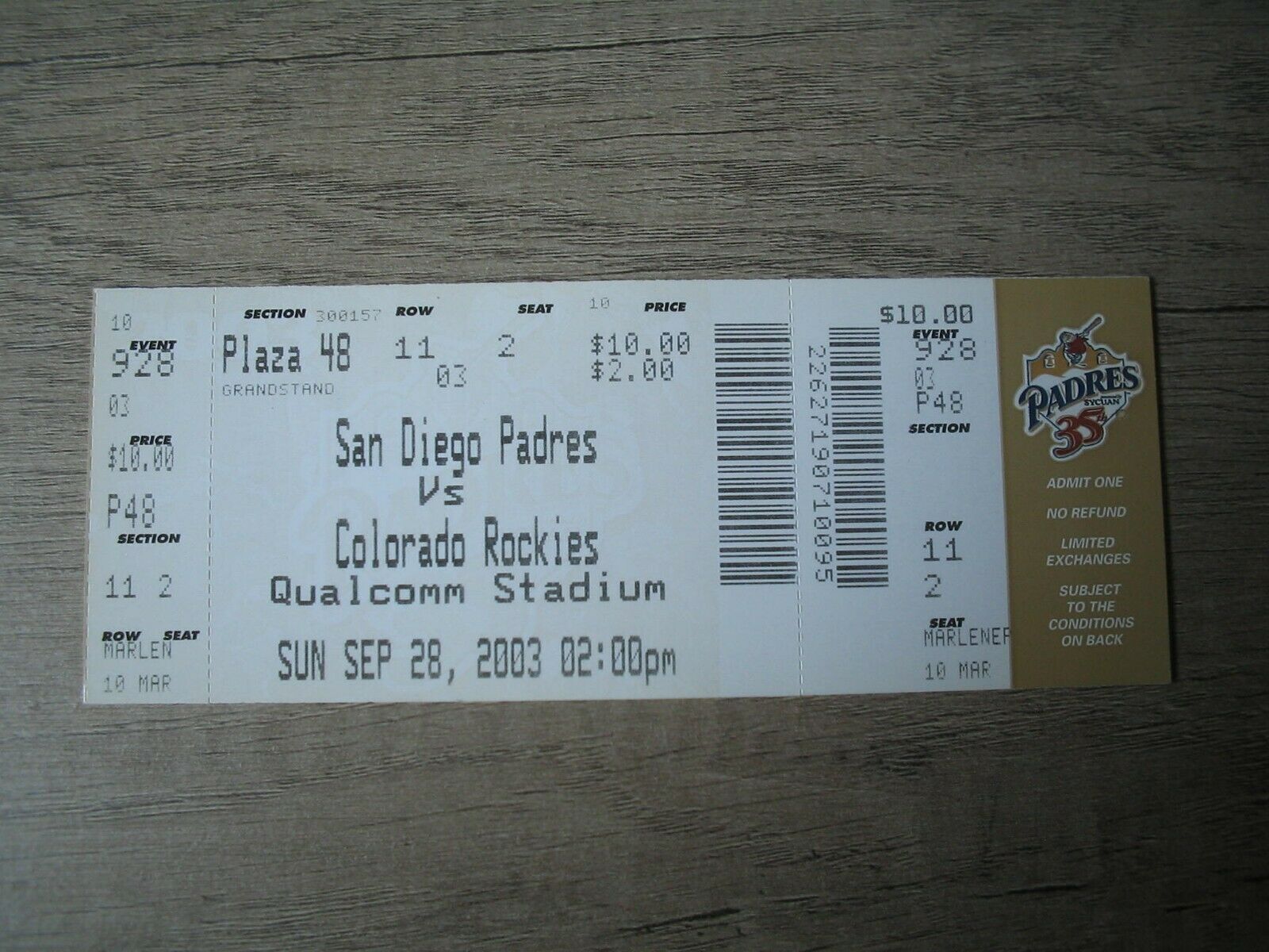 San Diego Padres Last Final Game Ticket Played At Qualcomm Stadium 9/28/2003