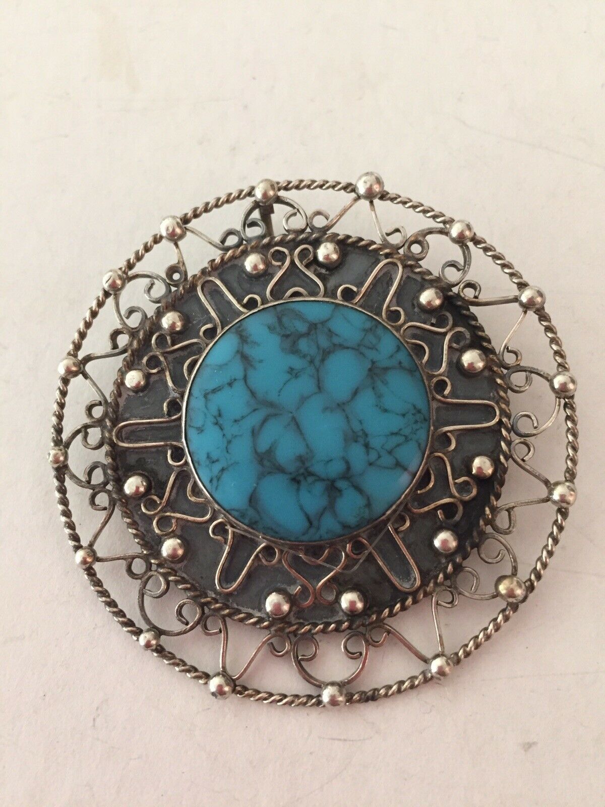 Vintage Sterling Silver Turquoise Mexican Pendant Brooch
