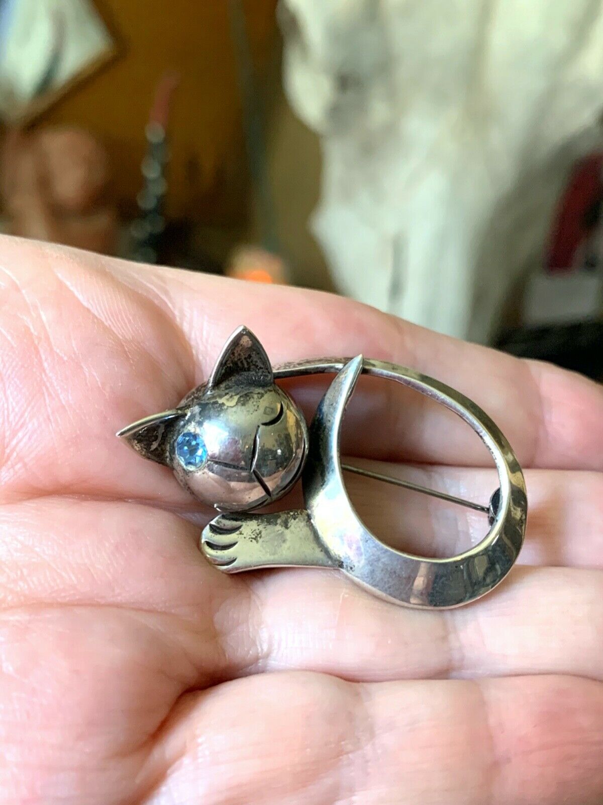 Vintage Mexico Sterling Signed Modernist Siamese Kitty Cat Blue Eye Pin, 10 Gm
