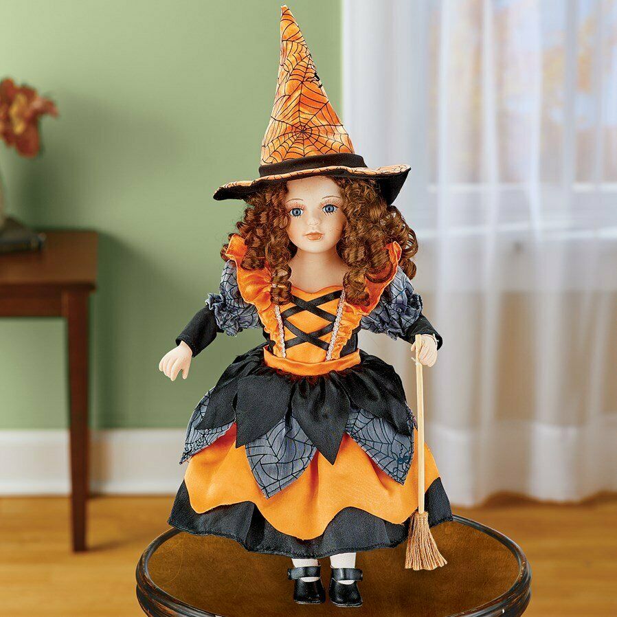 Orange & Black Curly-haired Halloween Witch 16" Porcelain Doll W/ Coa