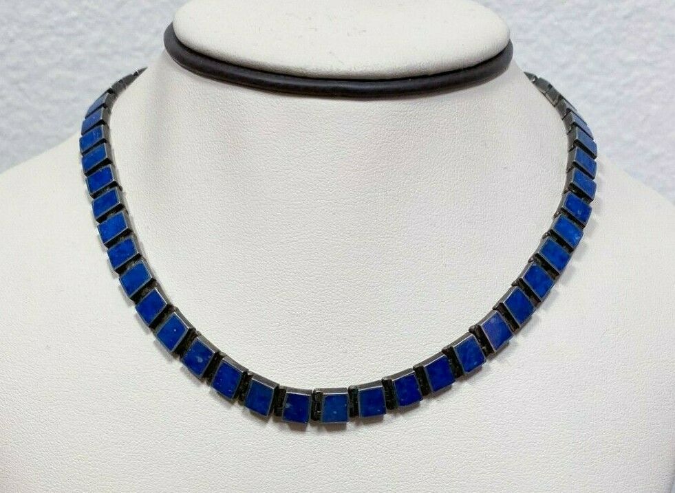 Vtg Estate Taxco Mexico Sterling Silver & Lapis Choker 15 ½" Panel Necklace! 189