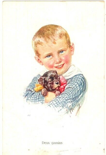 Rare Dog Postcard Miniature Pinscher Puppy & Boy Heartwarming Switzerland C1909