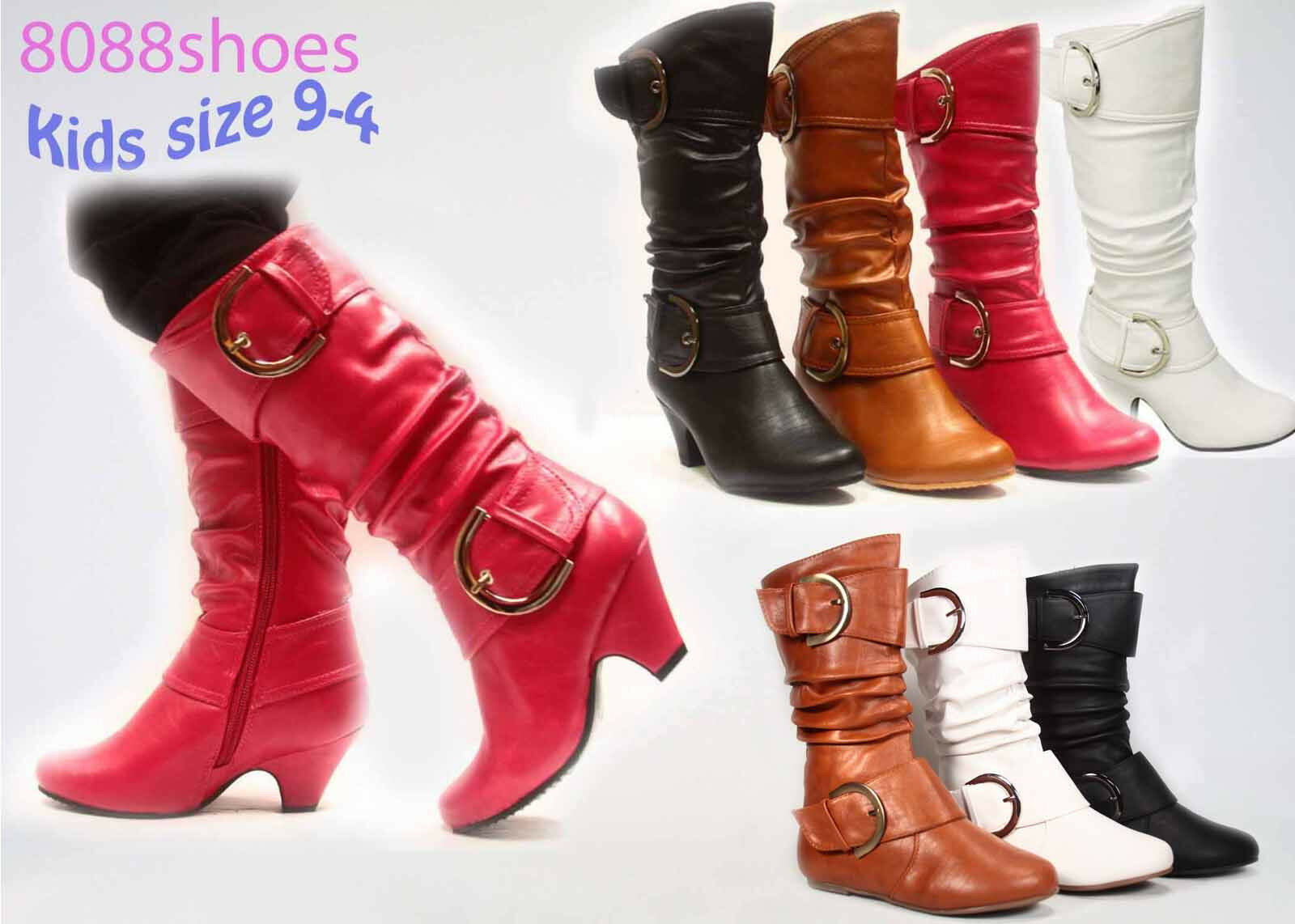 Girl's Kids Cute Dress Low Heel Zipper Boot Shoes Black Chestnut Fuchsia 9-4 New