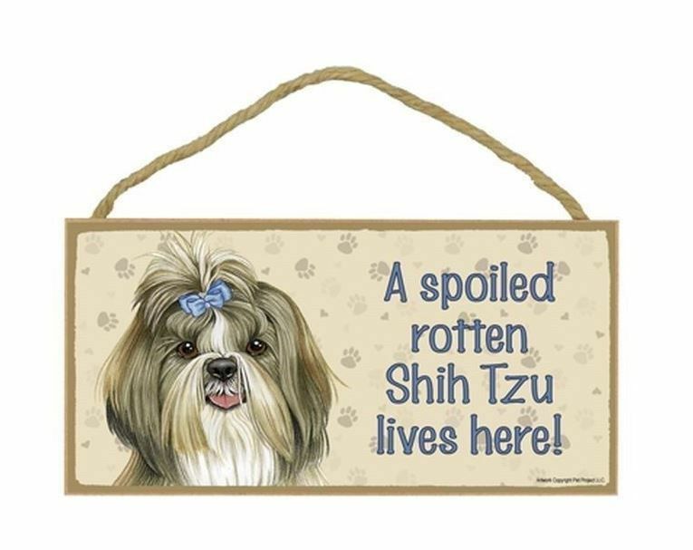 Shih Tzu With Bow Spoiled Rotten Lives Here Sign Plaque Dog 10" X 5" Wood Gift