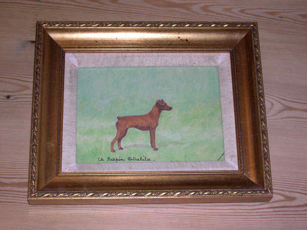 Antique Miniature Pinscher / Min Pin Dog Oil Painting D. Johnson Named Dog
