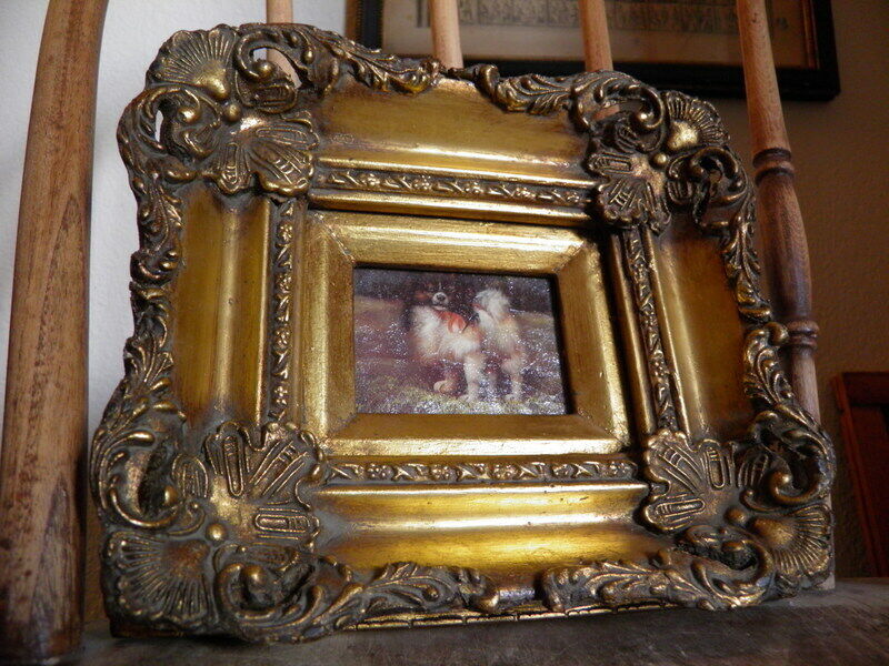Antique Gold Gesso Miniature Papillon Dog Oil Painting