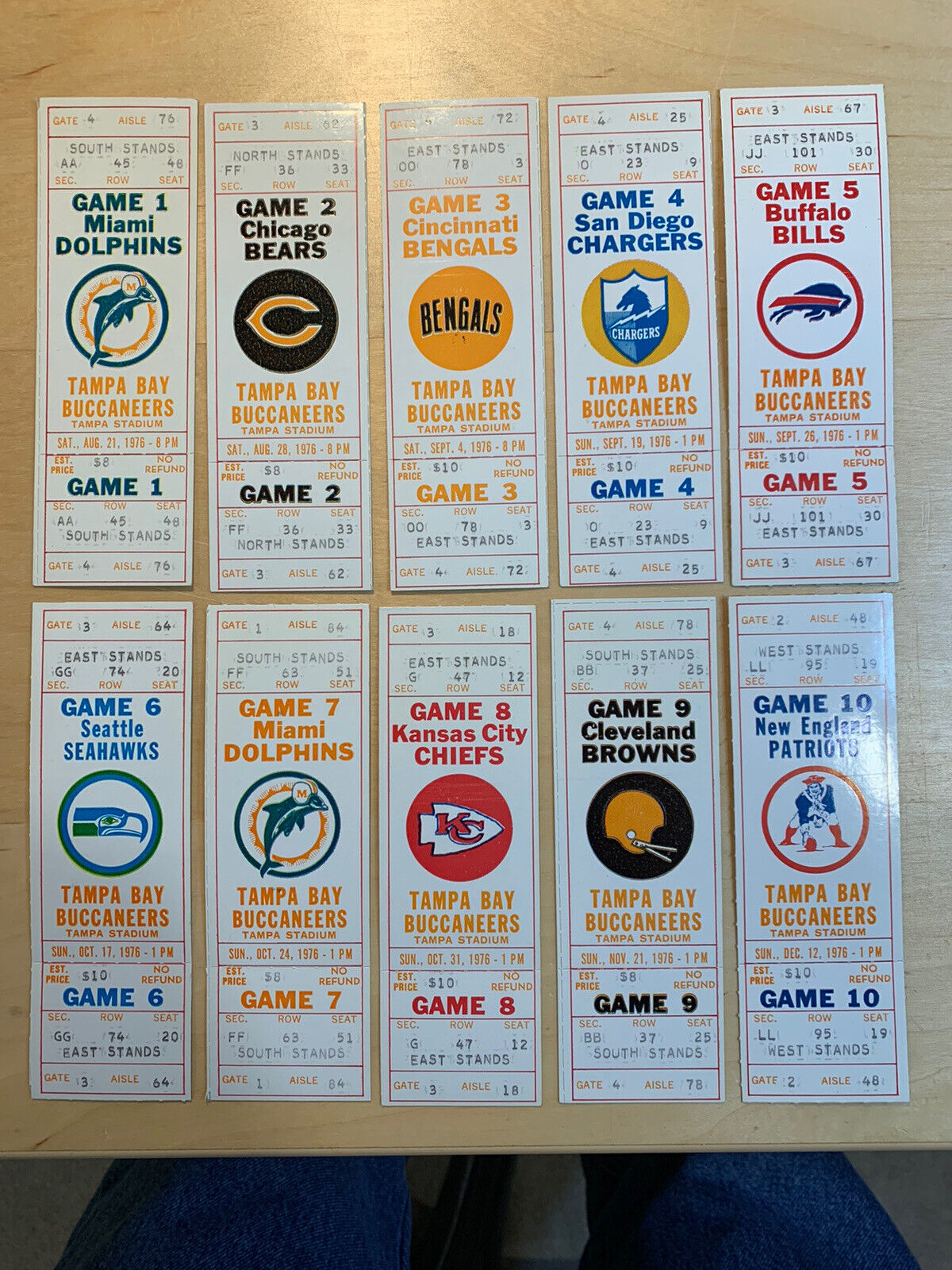 Tampa Bay Buccaneers 1976 Complete Set Of 10 First Season Home Game Tickets