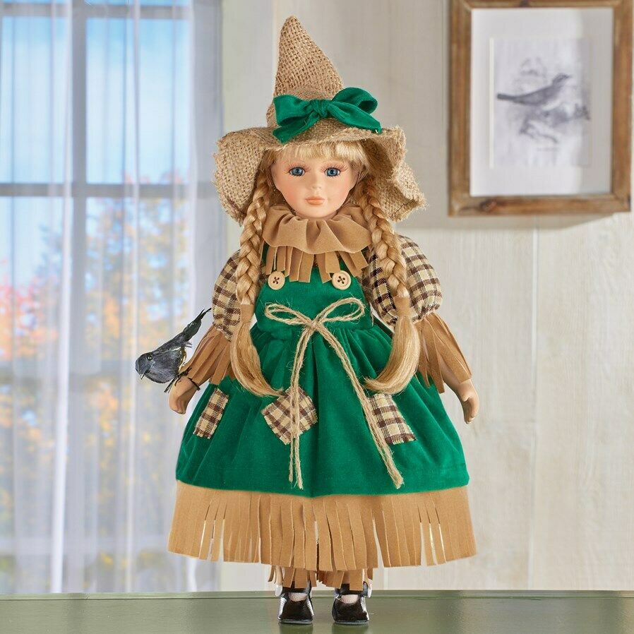 Green Overall Sadie Scarecrow Collectible Halloween Porcelain Doll W/ Coa