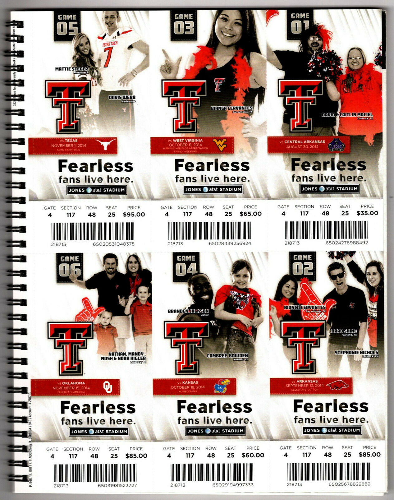 2014 Texas Tech Red Raiders Season Ticket Sheet Patrick Mahomes Freshman 6 Games