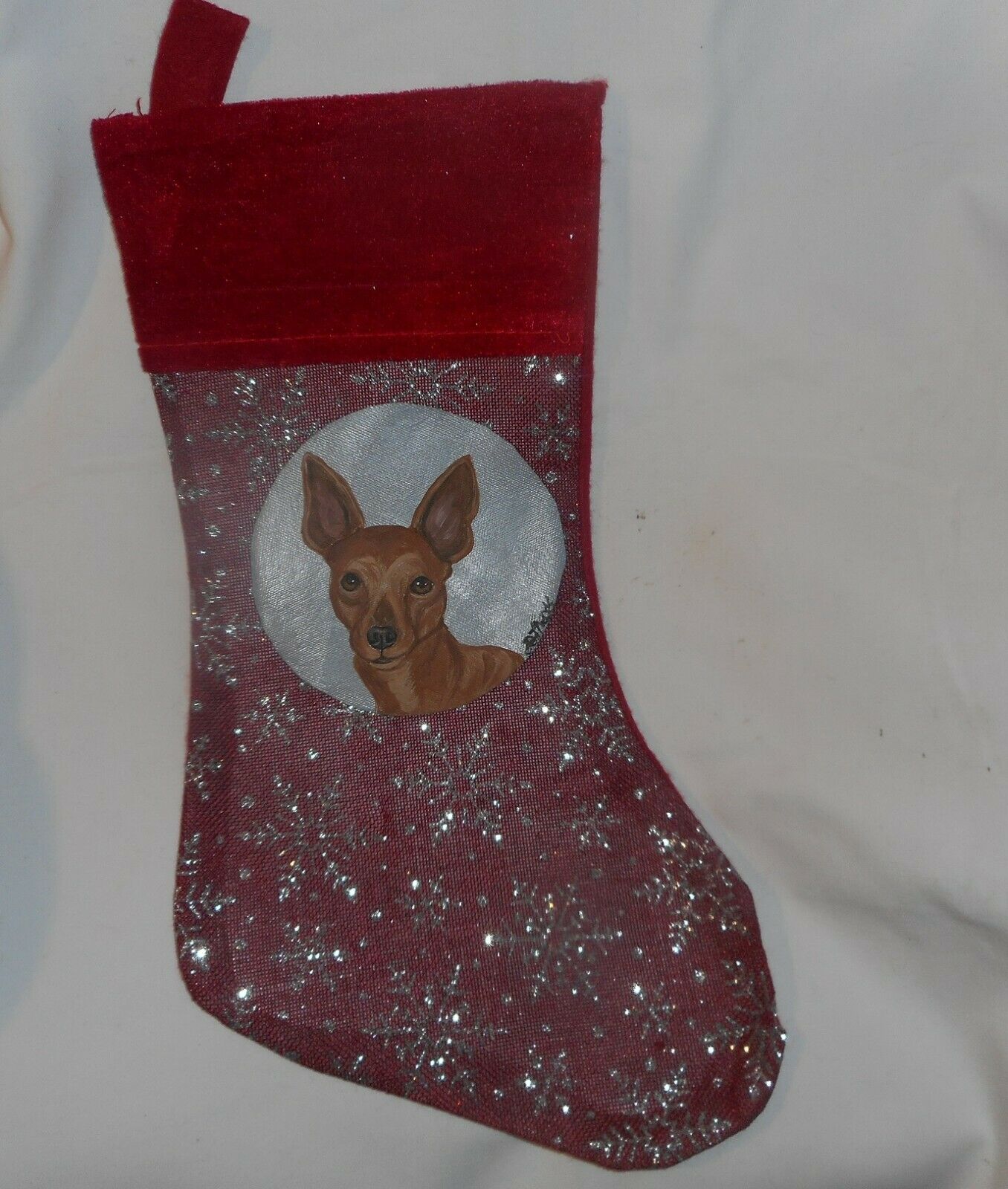 Red Miniature Pinscher Dog Hand Painted Christmas Stocking Decoration