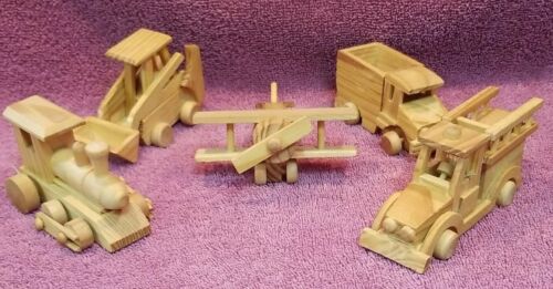 Mini Wooden Vehicles: Plane, Train Engine, Fire Truck, Dump Truck, Front Loader