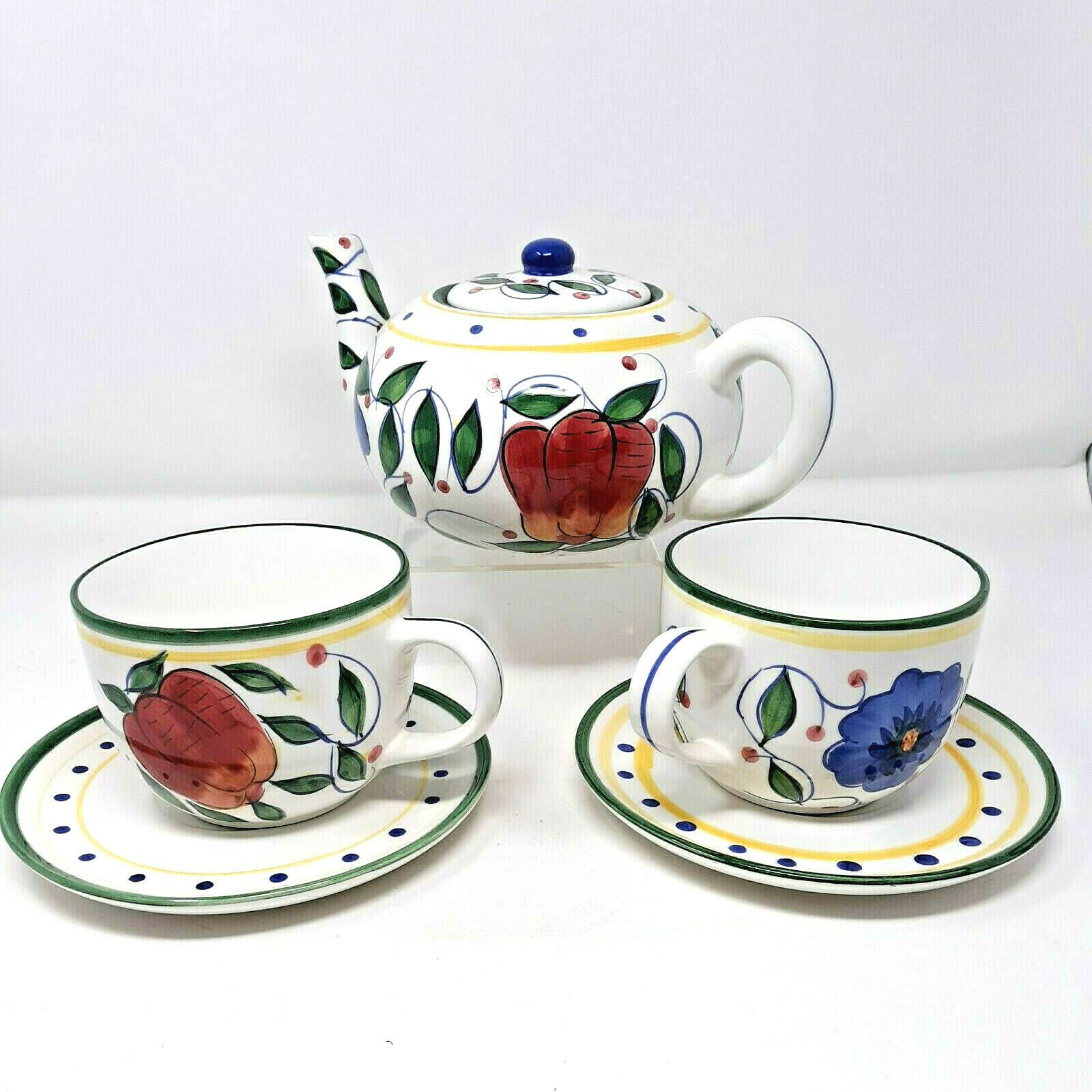Ceramic Painted Fruit Teapot And Over-sized Tea/soup Mugs And Saucers Jay Import