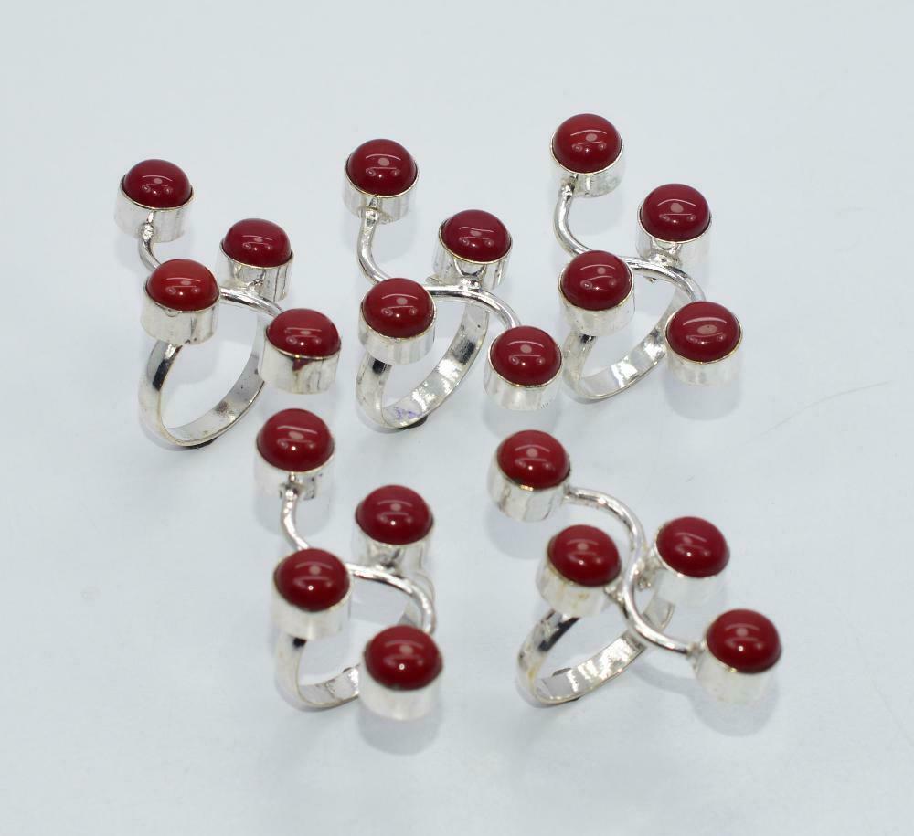 Wholesale 5pc 925 Silver Plated Red Coral Adjustable Ring Lotp3738