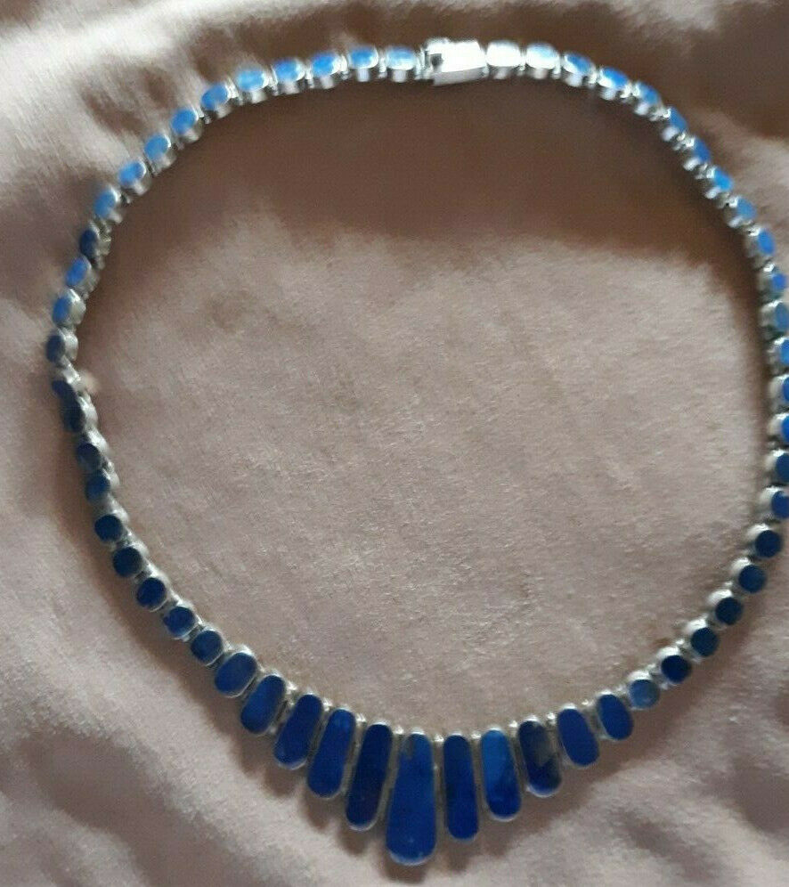 Vintage 950 Sterling Silver & Lapis Mexican Hinged 16" Necklace & 7" Bracelet