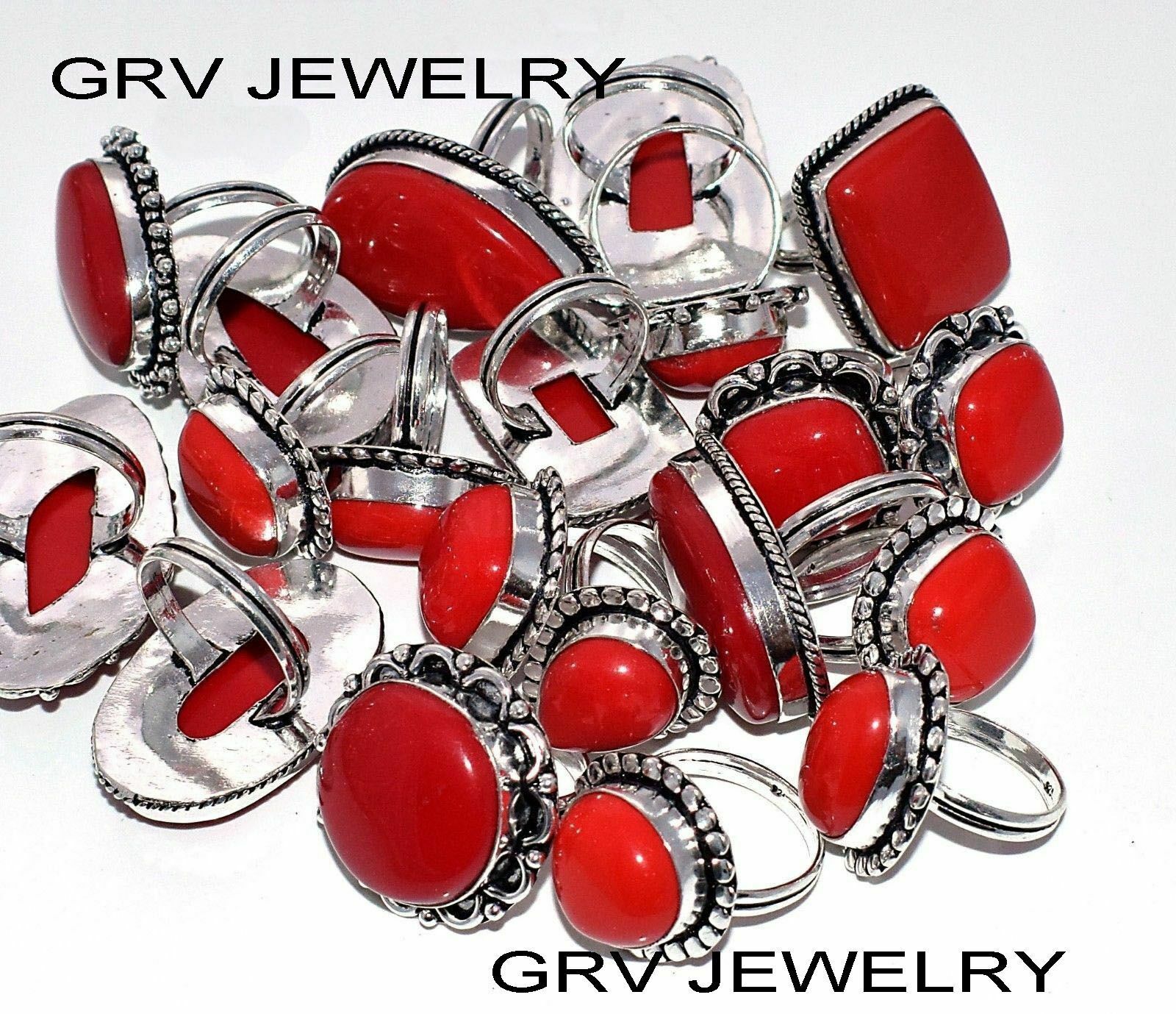Coral Gemstone 100pcs Rings Lot 925 Silver Plated S-whru-7