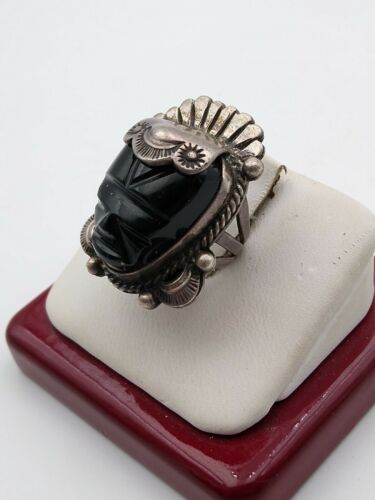 Rare 1950s Navajo Made Sterling Silver Carved Obsidian Face Ring Mexicaninspired