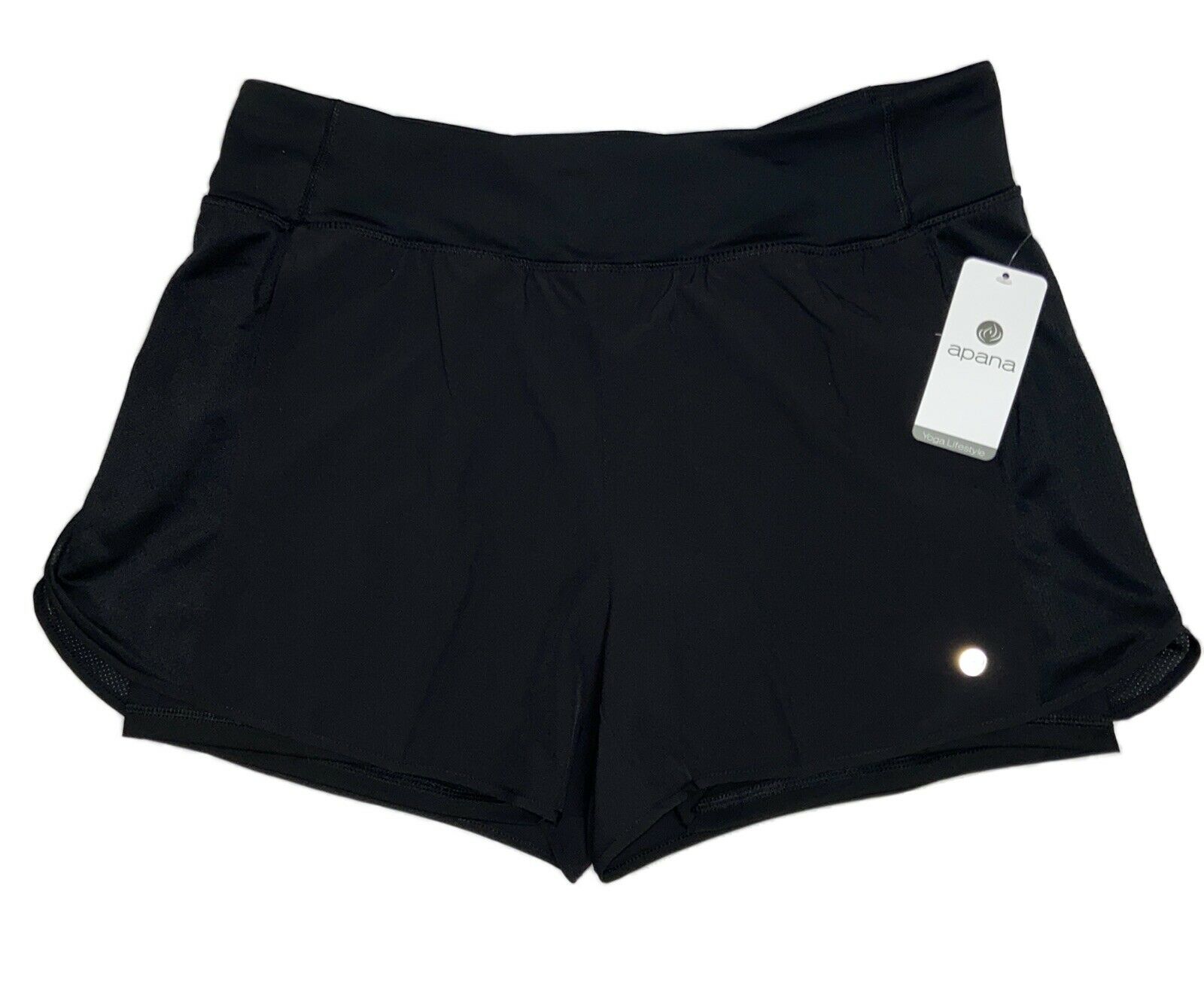 Womens Apana L Black Yoga Running Shorts W/ Pockets & Built In Spandex Nwt $32