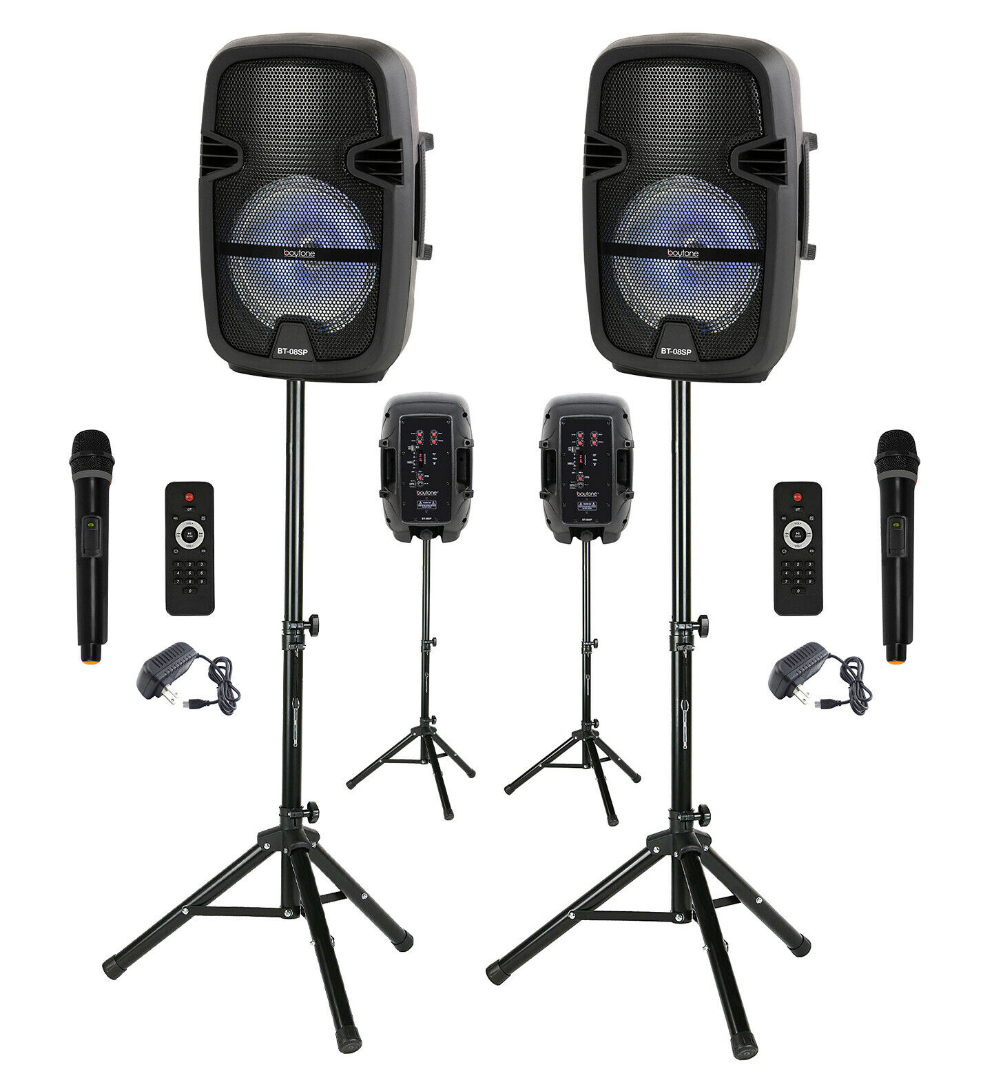 Pair Of 8” Portable Bluetooth Dj, Pa  Speaker Ac/dc, Mic, Light, Stand, Usb, Fm