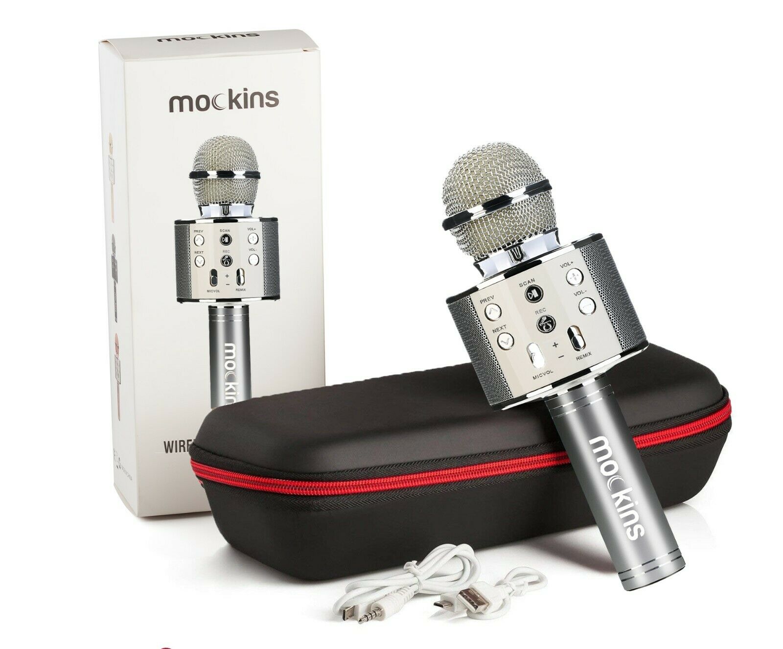 Mockins Portable Wireless Bluetooth Karaoke Microphone Silver Holiday Gift Kids