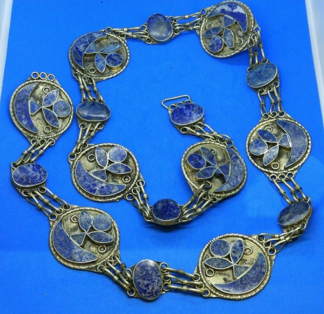 Vintage Handcrafted Silver & Blue Lapis Inlay Link Belt - Mexican?
