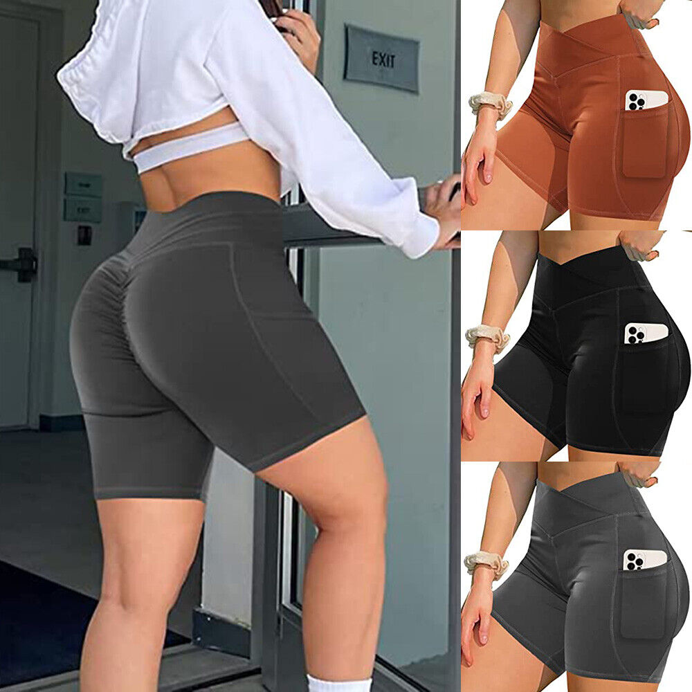 Cfr Women High Waist Gym Shorts With Pockets Sports Running Workout Yoga Pants