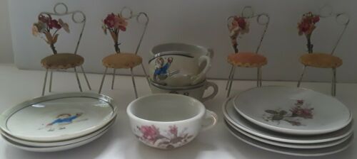 Antique Miniature Dollhouse Ice Cream Chairs,boy On Seesaw & Rose Cups & Saucers