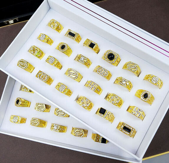 24pcs Wholesale Mixed Lots Gold P Ring Men's Cool Alloy Rhinestone Enamel Rings