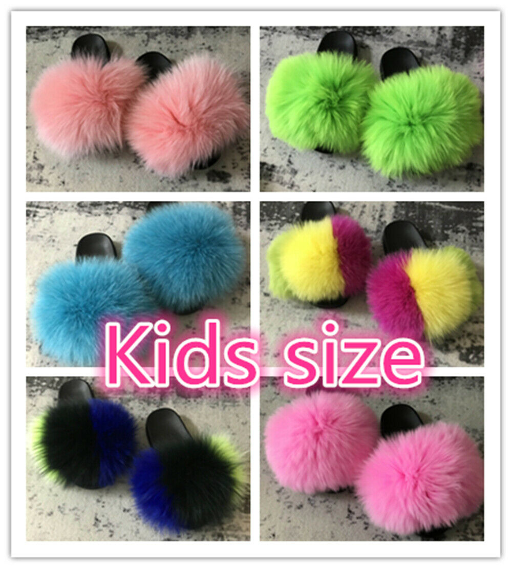 Kids Toddler Youth Real Fox Fur Slippers Slides Girl Boy Baby Beach Fur Sandals
