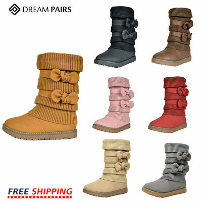 Dream Pairs Kids Girls Winter Snow Boots Bow-knot Faux Fur Lined Mid Calf Boots