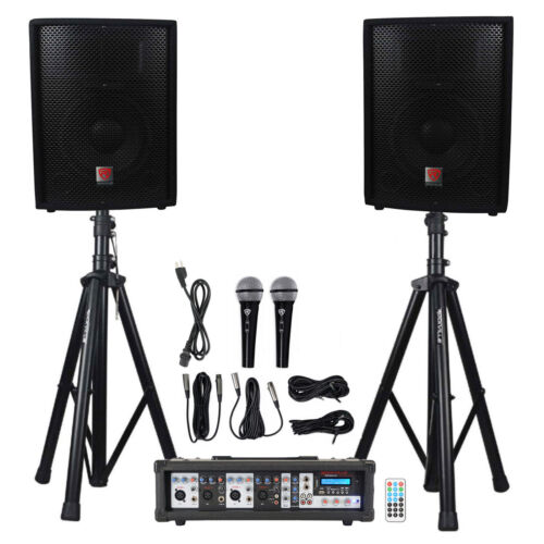 Rockville Rpg2x10 Package Pa System Mixer/amp+10" Speakers+stands+mics+bluetooth