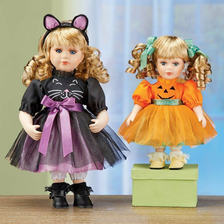 Halloween Sisters Cat And Pumpkin Collectible Porcelain Doll Set W/ Coa