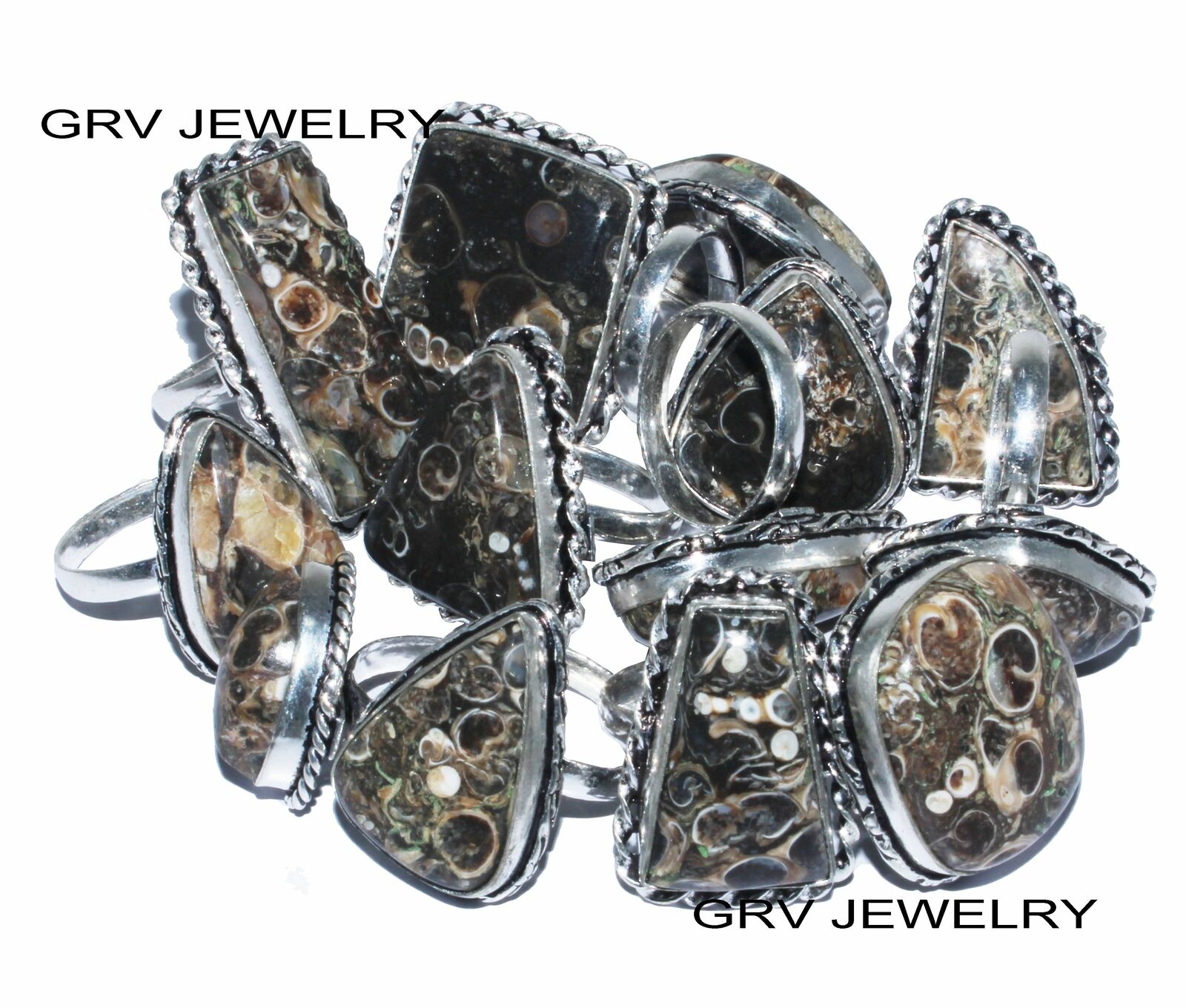 Turtella Jasper Gemstone 15pcs Rings Lot 925 Silver Plated S-whru-3