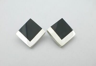 Vintage Taxco Sterling Silver Inlay Black Onyx Offset Square Clip-on Earrings