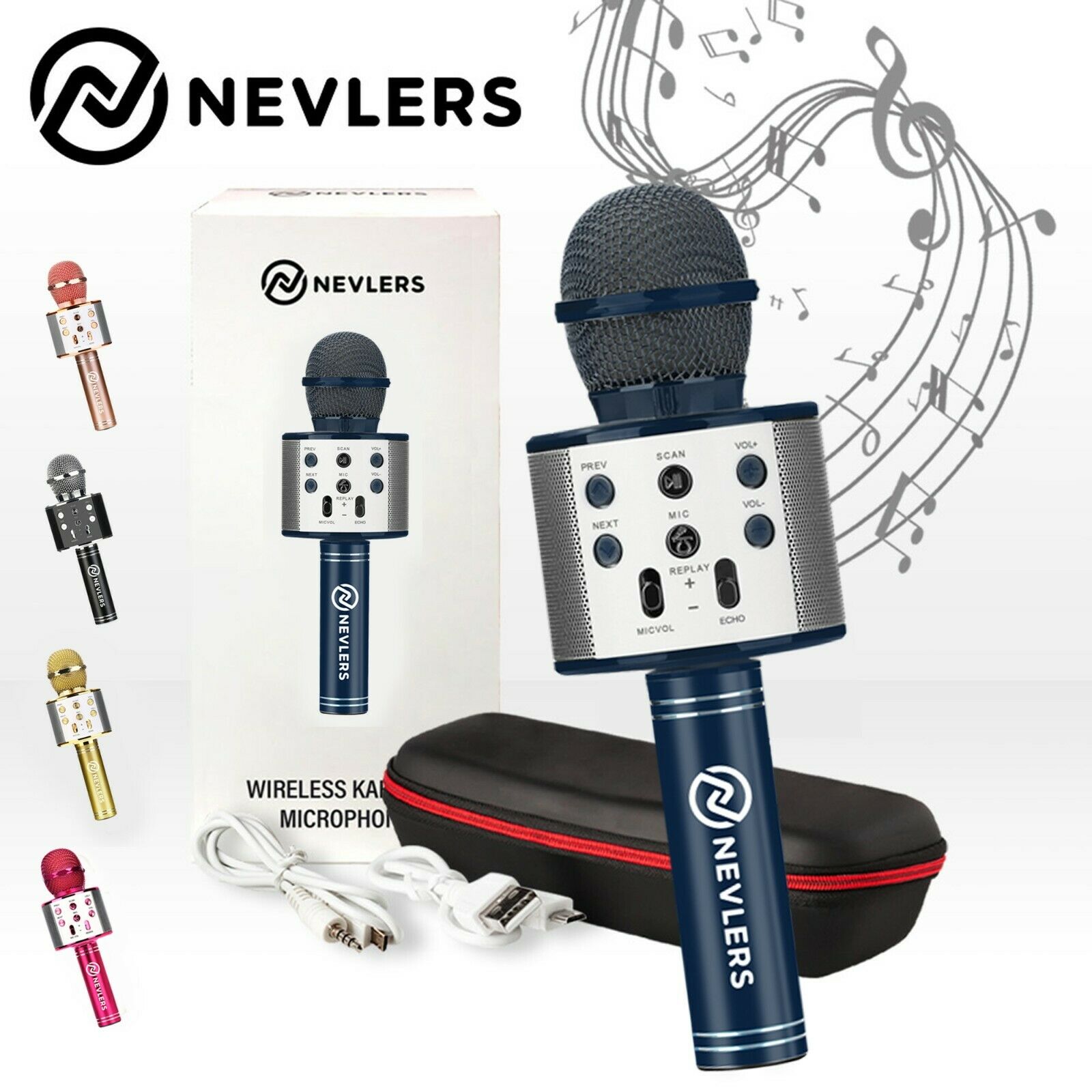 Nevlers Karaoke Microphone W/wireless Bluetooth Speaker & Recording Option- Navy