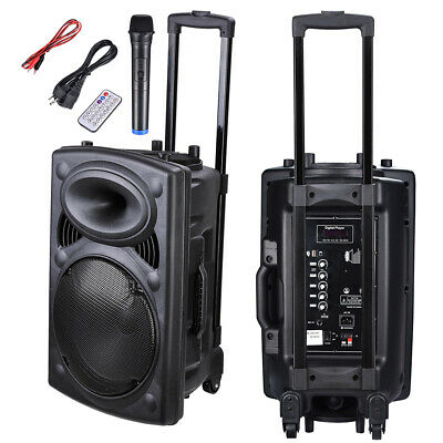 Portable Rolling 12" Powered Dj Party Pa Speaker W/ Bluetooth Usb Remote Control