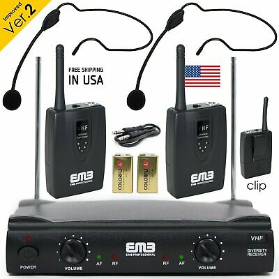 Professional Wireless Microphone System Dual Headset 2 X Mic Cordless Receiver